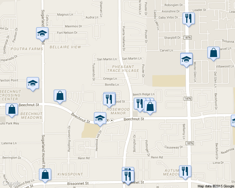 map of restaurants, bars, coffee shops, grocery stores, and more near Wild Rose Street in Houston