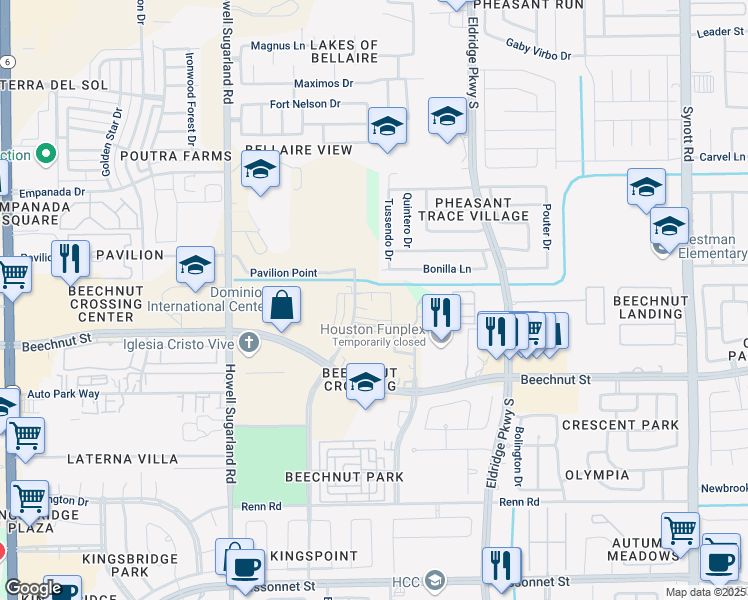 map of restaurants, bars, coffee shops, grocery stores, and more near 13830 Canyon Hill Street in Houston