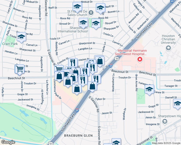 map of restaurants, bars, coffee shops, grocery stores, and more near 8150 Southwest Freeway in Houston