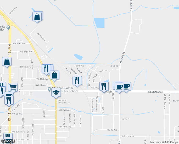 map of restaurants, bars, coffee shops, grocery stores, and more near 4118 Northeast 1st Terrace in Gainesville