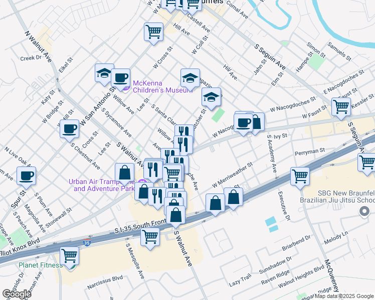 map of restaurants, bars, coffee shops, grocery stores, and more near 880 Interstate 35 Business Loop in New Braunfels