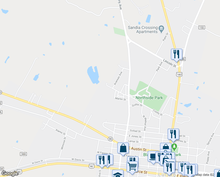 map of restaurants, bars, coffee shops, grocery stores, and more near 407 Trinity Street in Luling