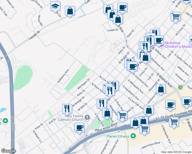 map of restaurants, bars, coffee shops, grocery stores, and more near 1630 West Bridge Street in New Braunfels