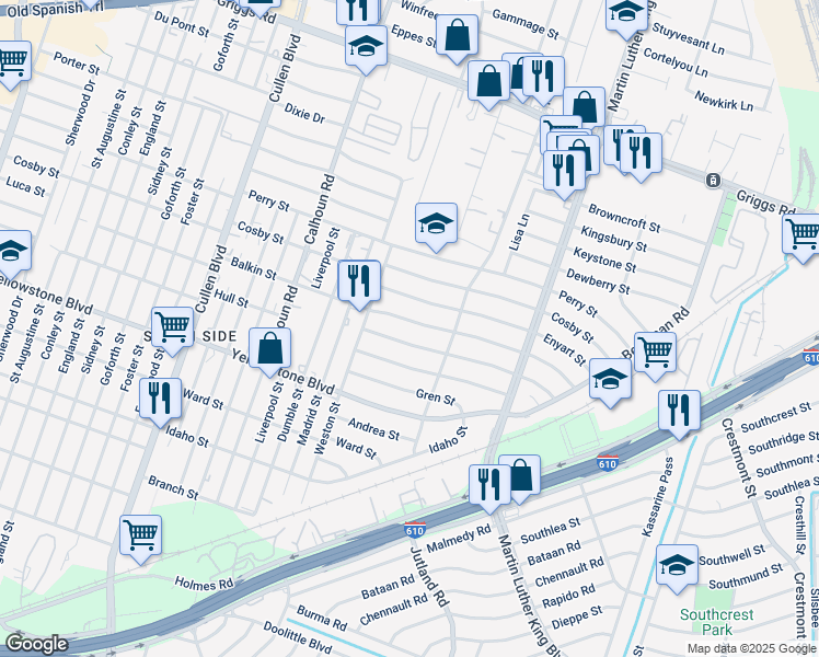 map of restaurants, bars, coffee shops, grocery stores, and more near 4935 Kelso Street in Houston