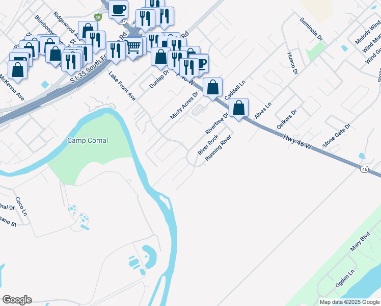 map of restaurants, bars, coffee shops, grocery stores, and more near 984 River Bank in New Braunfels