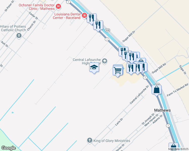 map of restaurants, bars, coffee shops, grocery stores, and more near 4820 Louisiana 1 in Raceland