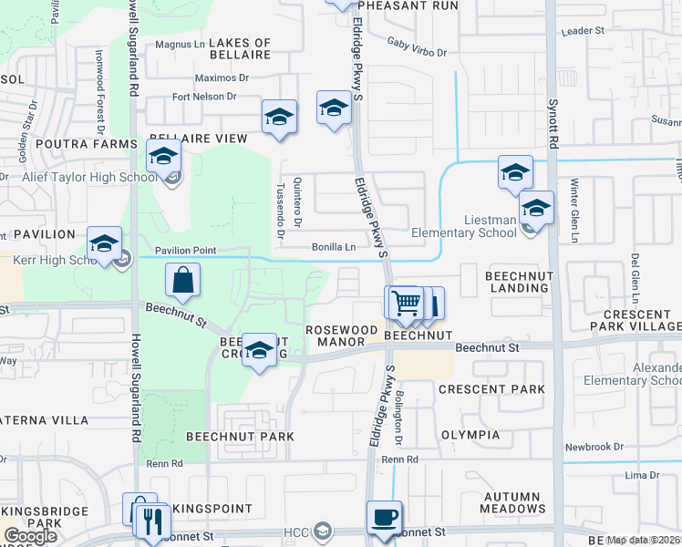 map of restaurants, bars, coffee shops, grocery stores, and more near 8320 Wild Rose Street in Houston