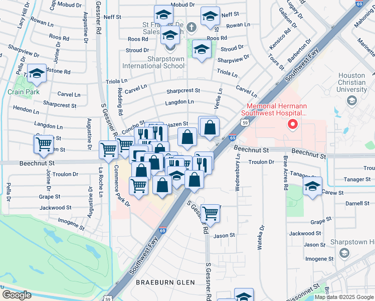 map of restaurants, bars, coffee shops, grocery stores, and more near 8150 Southwest Freeway in Houston
