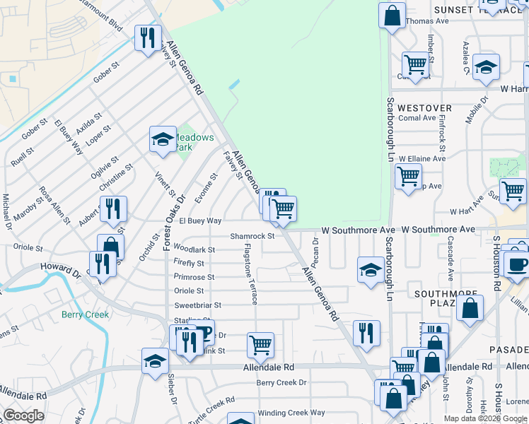 map of restaurants, bars, coffee shops, grocery stores, and more near 99 Allen Genoa Road in Houston