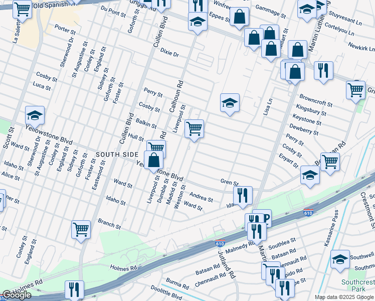 map of restaurants, bars, coffee shops, grocery stores, and more near 6600 Madrid Street in Houston