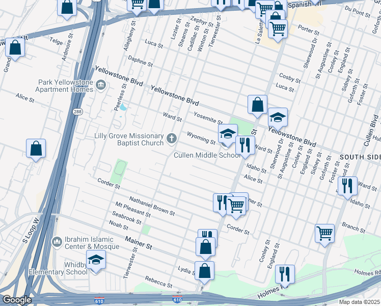 map of restaurants, bars, coffee shops, grocery stores, and more near 3702 Alice Street in Houston