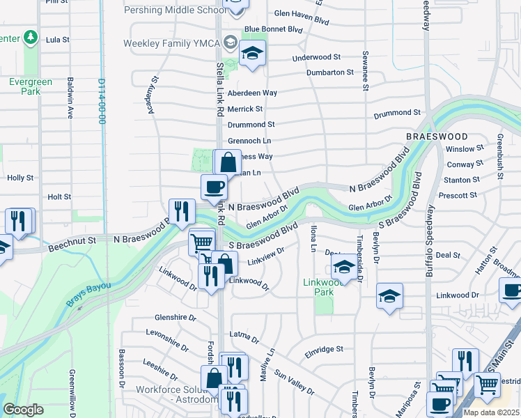 map of restaurants, bars, coffee shops, grocery stores, and more near 3822 Glen Arbor Drive in Houston