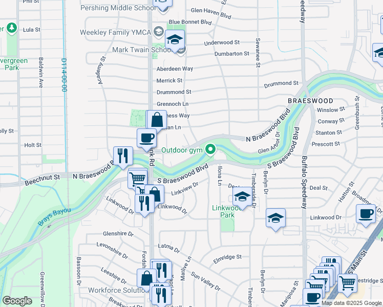 map of restaurants, bars, coffee shops, grocery stores, and more near 3809 North Braeswood Boulevard in Houston