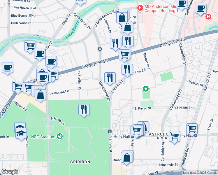 map of restaurants, bars, coffee shops, grocery stores, and more near 7601 Fannin Street in Houston