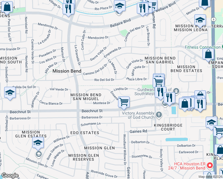 map of restaurants, bars, coffee shops, grocery stores, and more near 15422 Ensenada Drive in Houston