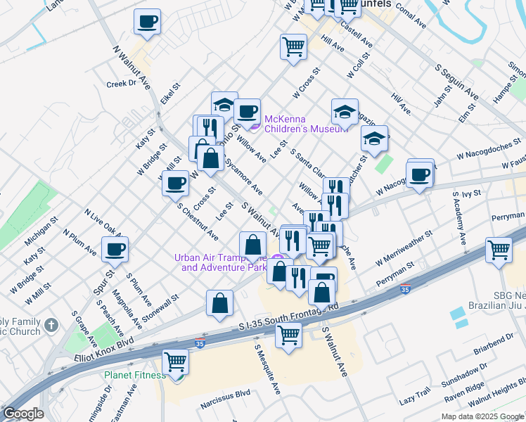 map of restaurants, bars, coffee shops, grocery stores, and more near 1125 Stonewall Street in New Braunfels