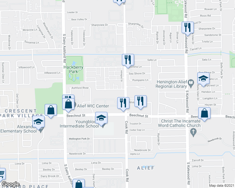 map of restaurants, bars, coffee shops, grocery stores, and more near 7920 Cook Road in Houston