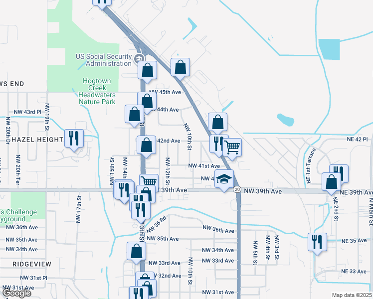 map of restaurants, bars, coffee shops, grocery stores, and more near 4146 Northwest 10th Street in Gainesville