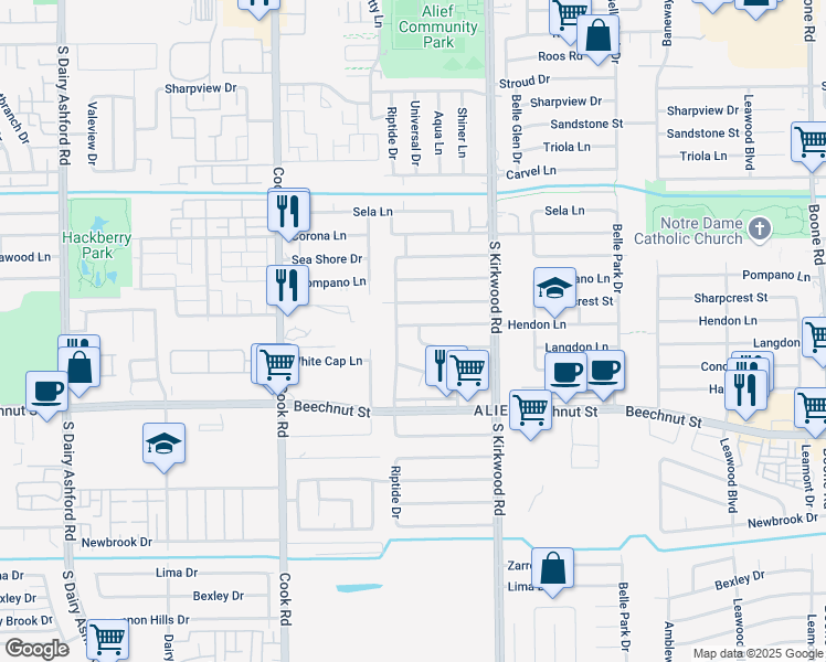 map of restaurants, bars, coffee shops, grocery stores, and more near 12015 Langdon Lane in Houston