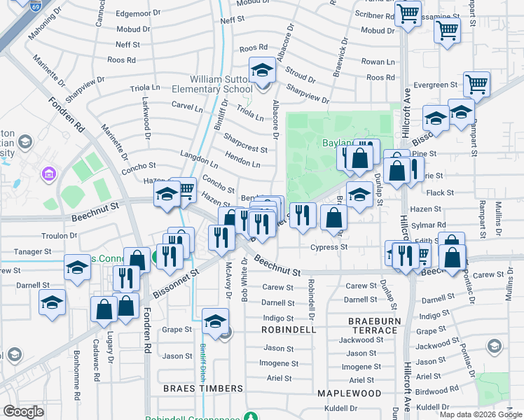 map of restaurants, bars, coffee shops, grocery stores, and more near 8110 Albacore Drive in Houston