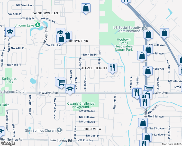 map of restaurants, bars, coffee shops, grocery stores, and more near 4139 Northwest 19th Drive in Gainesville
