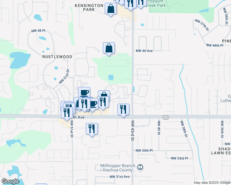 map of restaurants, bars, coffee shops, grocery stores, and more near 4600 Northwest 41st Place in Gainesville