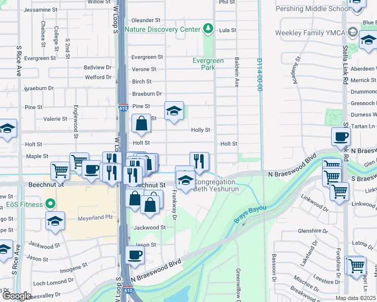 map of restaurants, bars, coffee shops, grocery stores, and more near 4527 Maple Street in Bellaire