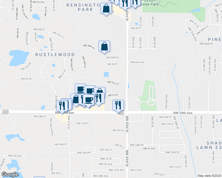 map of restaurants, bars, coffee shops, grocery stores, and more near 4600 Northwest 41st Place in Gainesville