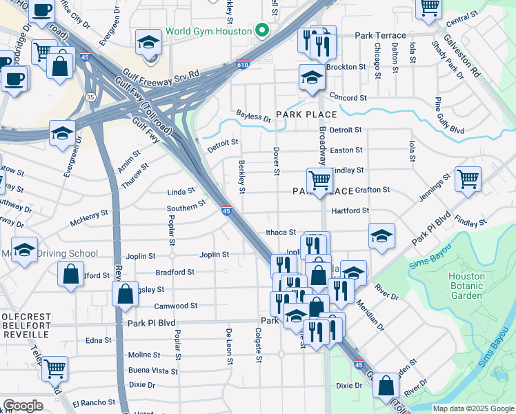 map of restaurants, bars, coffee shops, grocery stores, and more near 7922 Hartford Street in Houston