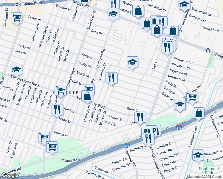 map of restaurants, bars, coffee shops, grocery stores, and more near 4903 Hull Street in Houston