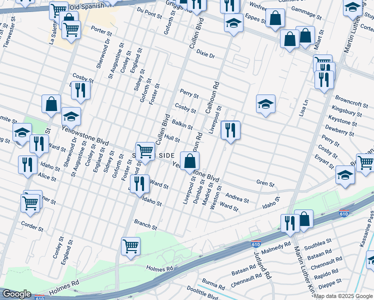map of restaurants, bars, coffee shops, grocery stores, and more near 51 Paris Street in Houston