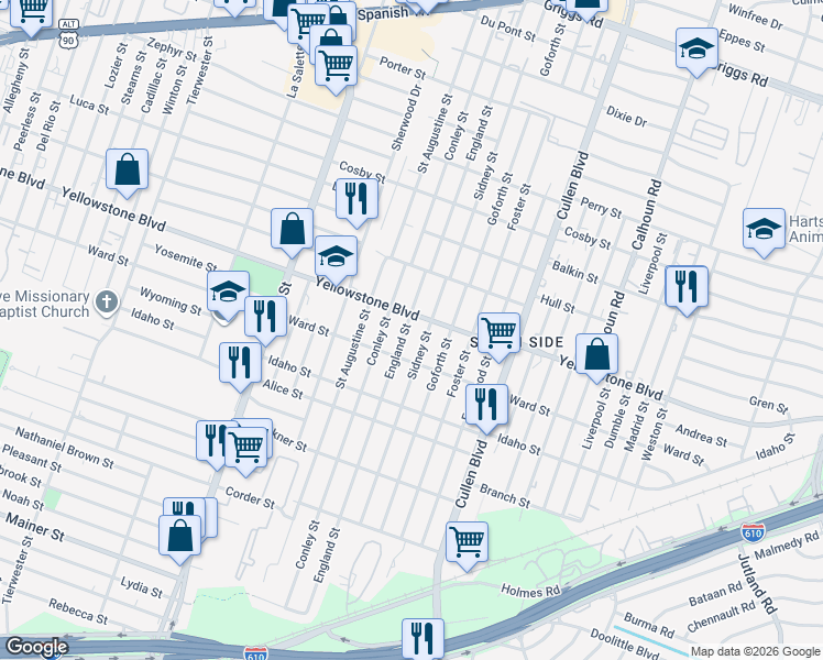 map of restaurants, bars, coffee shops, grocery stores, and more near 6739 Sidney Street in Houston