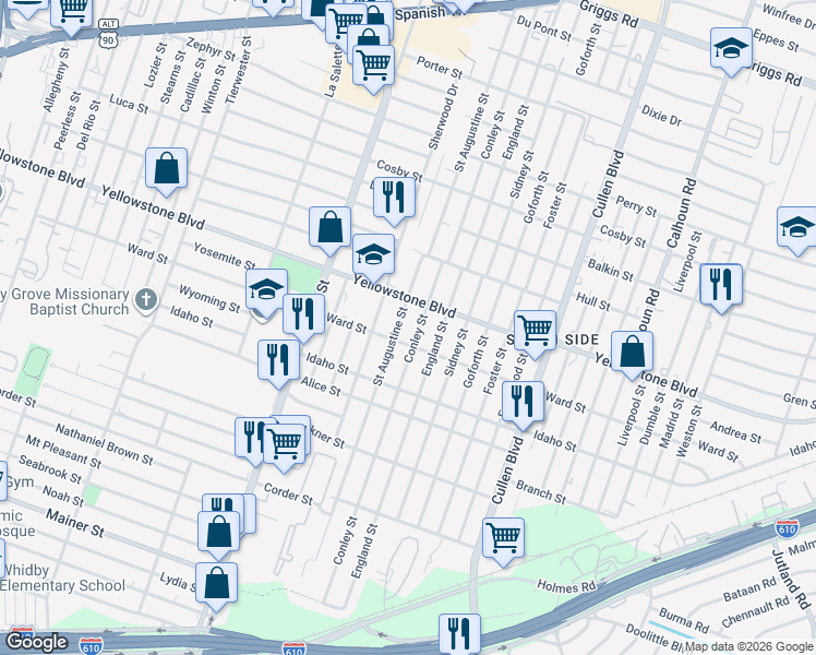 map of restaurants, bars, coffee shops, grocery stores, and more near 6727 Conley Street in Houston