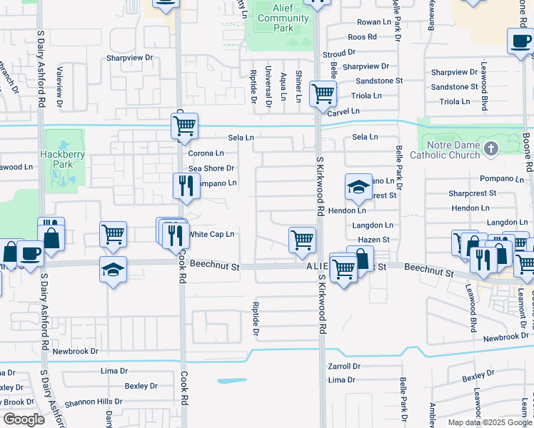 map of restaurants, bars, coffee shops, grocery stores, and more near 12015 Langdon Lane in Houston