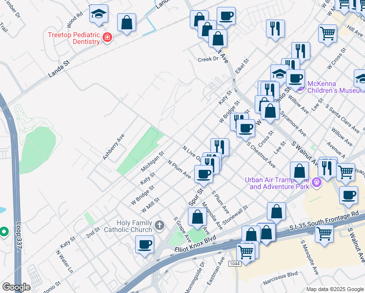 map of restaurants, bars, coffee shops, grocery stores, and more near N Live Oak Ave & Katy St in New Braunfels