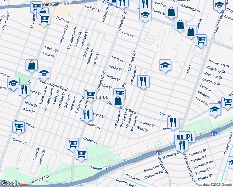 map of restaurants, bars, coffee shops, grocery stores, and more near 51 Paris Street in Houston