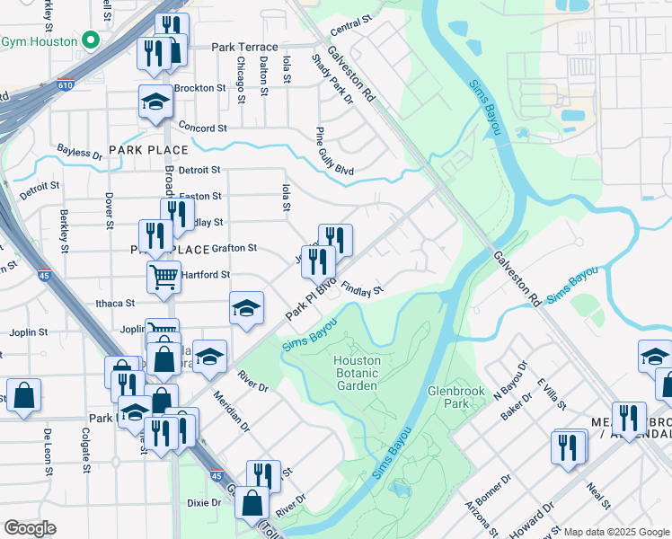 map of restaurants, bars, coffee shops, grocery stores, and more near 8301 Park Place Boulevard in Houston
