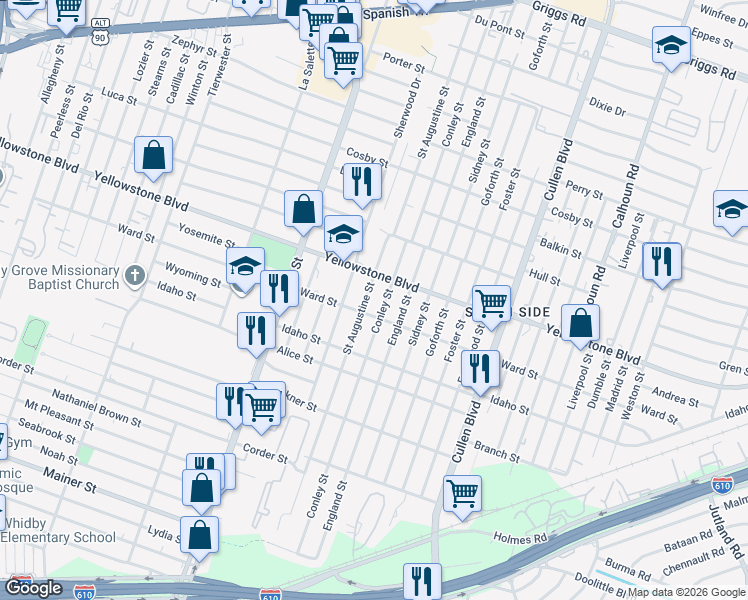 map of restaurants, bars, coffee shops, grocery stores, and more near 6727 Conley Street in Houston