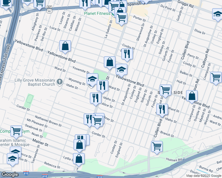 map of restaurants, bars, coffee shops, grocery stores, and more near 6820 Beachwood Street in Houston