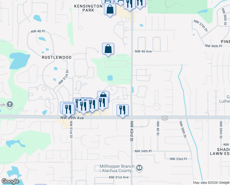 map of restaurants, bars, coffee shops, grocery stores, and more near 4122 Northwest 44th Drive in Gainesville