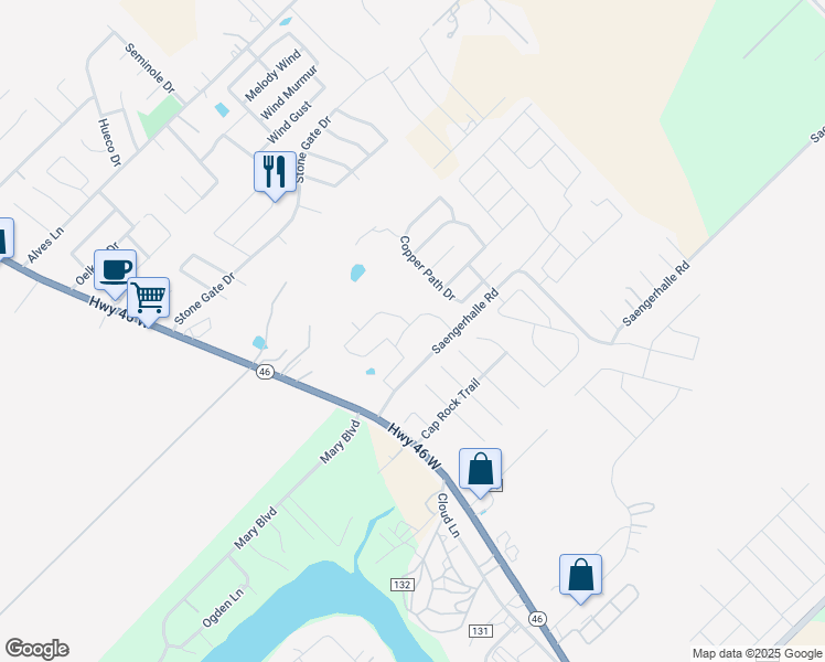 map of restaurants, bars, coffee shops, grocery stores, and more near 255 Saengerhalle Road in New Braunfels