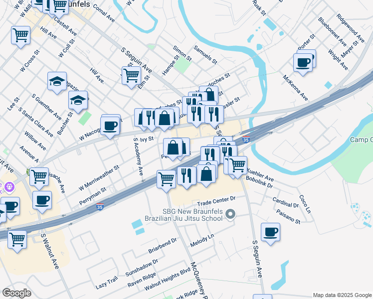 map of restaurants, bars, coffee shops, grocery stores, and more near 192 Interstate 35 in New Braunfels