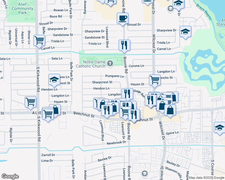 map of restaurants, bars, coffee shops, grocery stores, and more near 11235 Langdon Lane in Houston