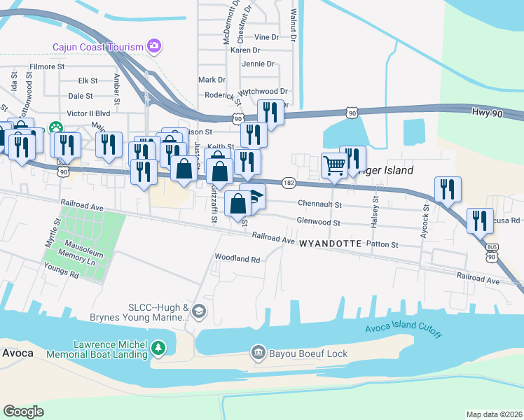 map of restaurants, bars, coffee shops, grocery stores, and more near 23 Glenwood Street in Morgan City