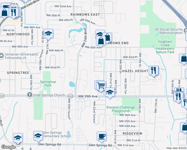 map of restaurants, bars, coffee shops, grocery stores, and more near 4101 Northwest 23rd Terrace in Gainesville