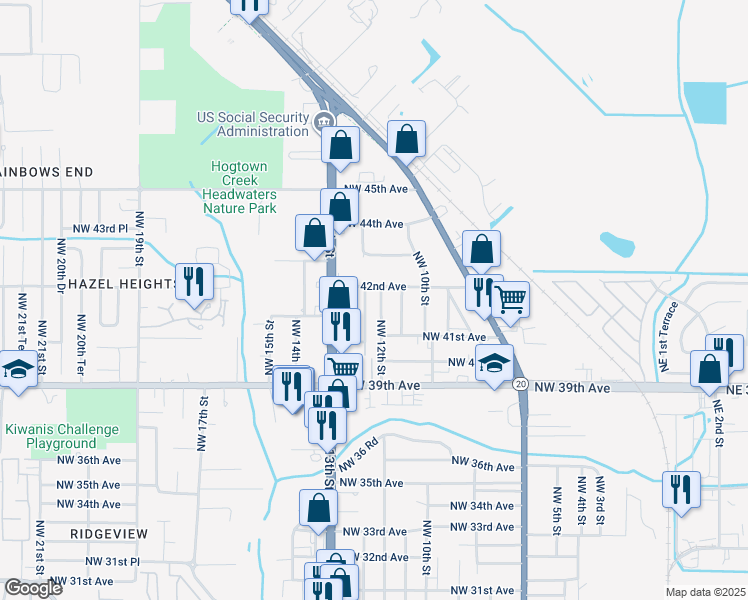 map of restaurants, bars, coffee shops, grocery stores, and more near 4125 Northwest 12th Street in Gainesville