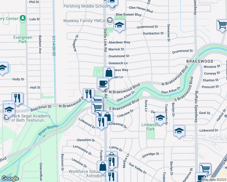 map of restaurants, bars, coffee shops, grocery stores, and more near 3850 Glen Arbor Drive in Houston