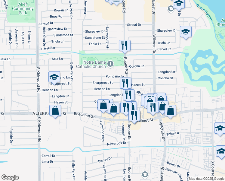 map of restaurants, bars, coffee shops, grocery stores, and more near 11235 Langdon Lane in Houston