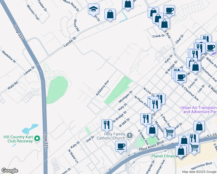 map of restaurants, bars, coffee shops, grocery stores, and more near 1133 Morning Glory Circle in New Braunfels