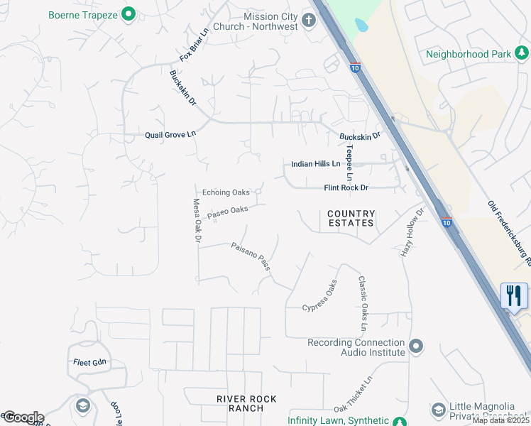 map of restaurants, bars, coffee shops, grocery stores, and more near 26010 Fossil Oak Lane in San Antonio